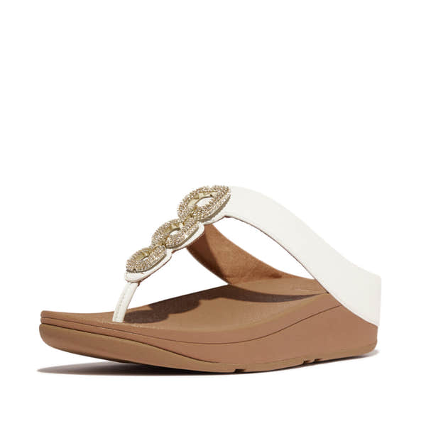 FitFlop HX2-194 Fino Crystal women's white leather slip-on sandals with decorative crystal embellishments and cushioned sole.