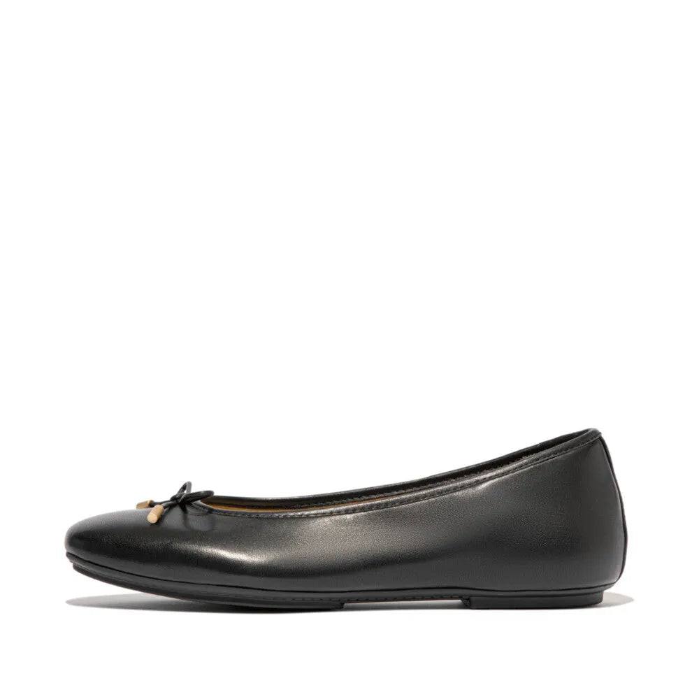 FitFlop HX8-001 Delicato Bow women's black leather slip-on ballet flats with bow detail.