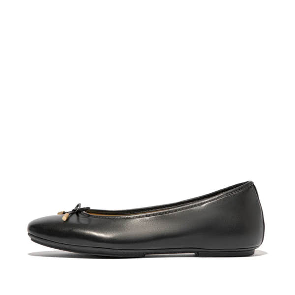 FitFlop HX8-001 Delicato Bow women's black leather slip-on ballet flats with bow detail.