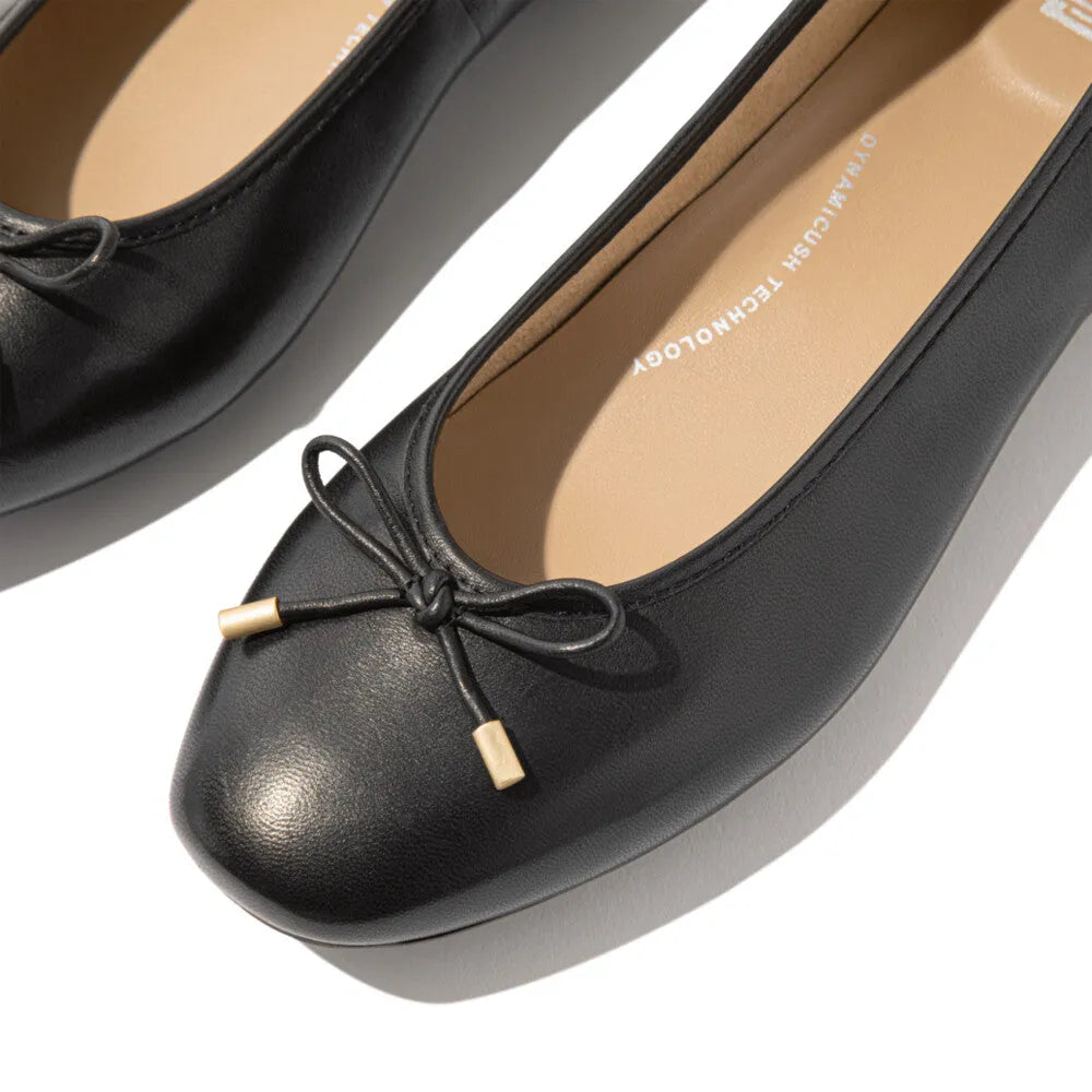 FitFlop HX8-001 Delicato Bow black leather slip-on ladies ballet flats with bow detail and cushioned insole.