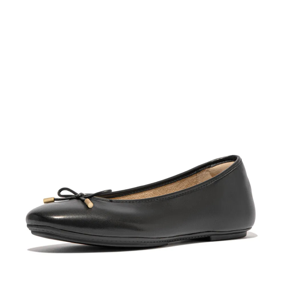 FitFlop HX8-001 Delicato Bow women's black leather slip-on ballet flat shoe with bow detail.
