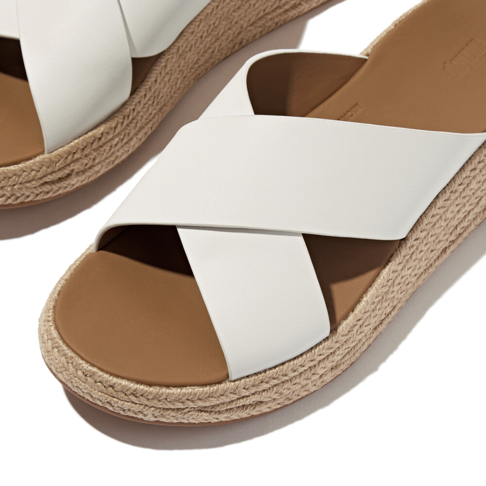 FitFlop IV5-194 F-Mode espadrille women's white leather slip-on sandals with jute-wrapped platform sole.