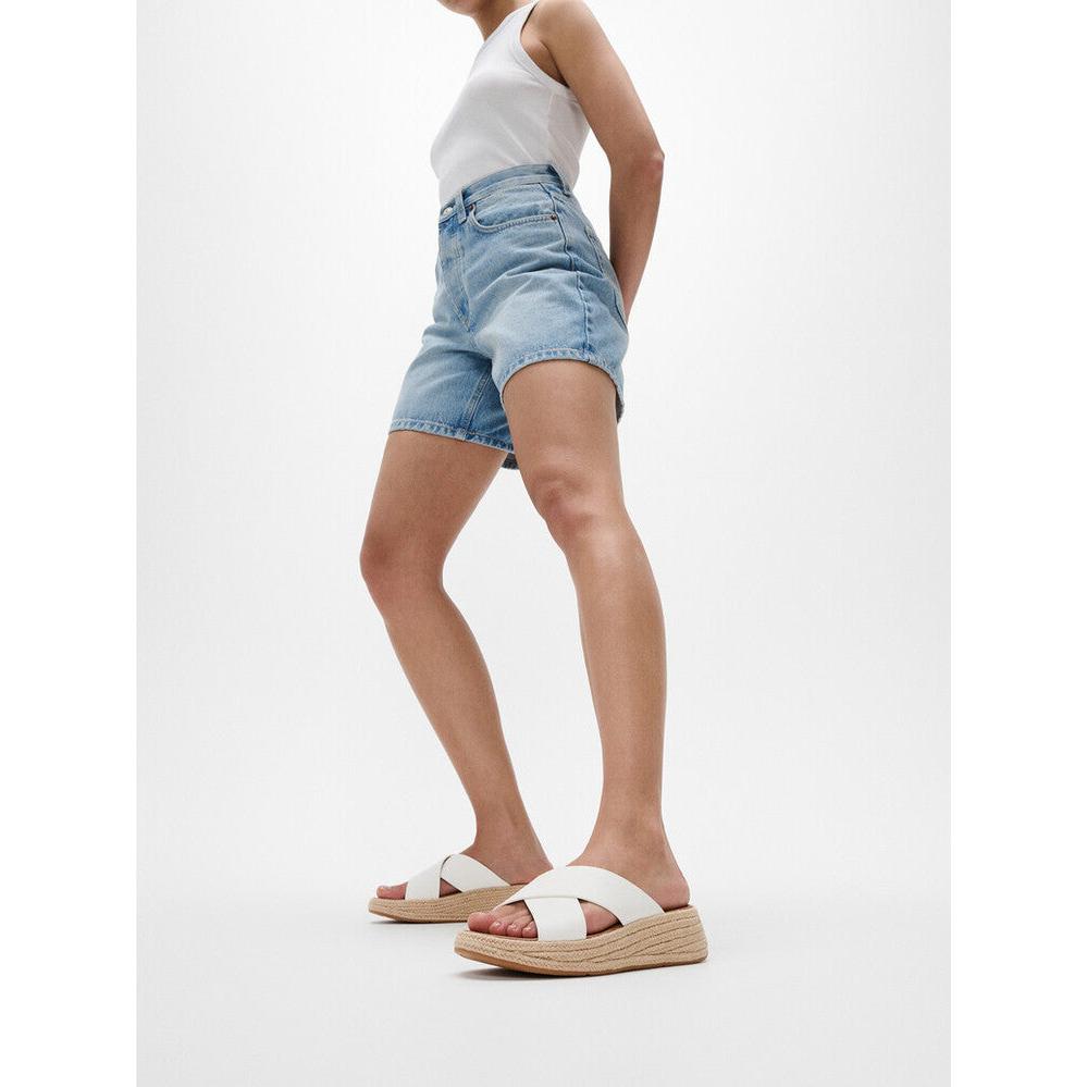 FitFlop IV5-194 F-Mode Espadrille women's white leather slip-on sandals with platform sole.