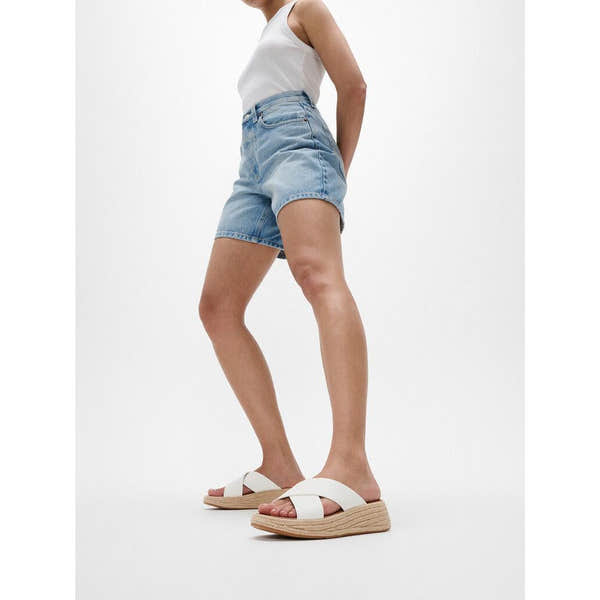 FitFlop IV5-194 F-Mode Espadrille women's white leather slip-on sandals with platform sole.