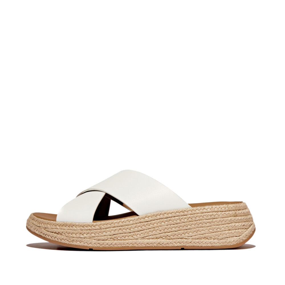 FitFlop IV5-194 F-Mode espadrille sandals for women, white leather slip-on with woven jute sole and platform heel.