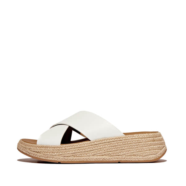 FitFlop IV5-194 F-Mode espadrille sandals for women, white leather slip-on with woven jute sole and platform heel.