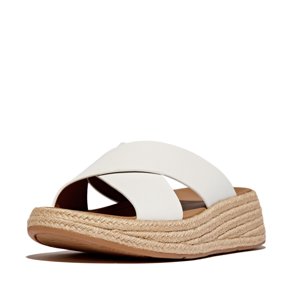 FitFlop IV5-194 F-Mode espadrille women's white leather slip-on sandals with platform jute sole.