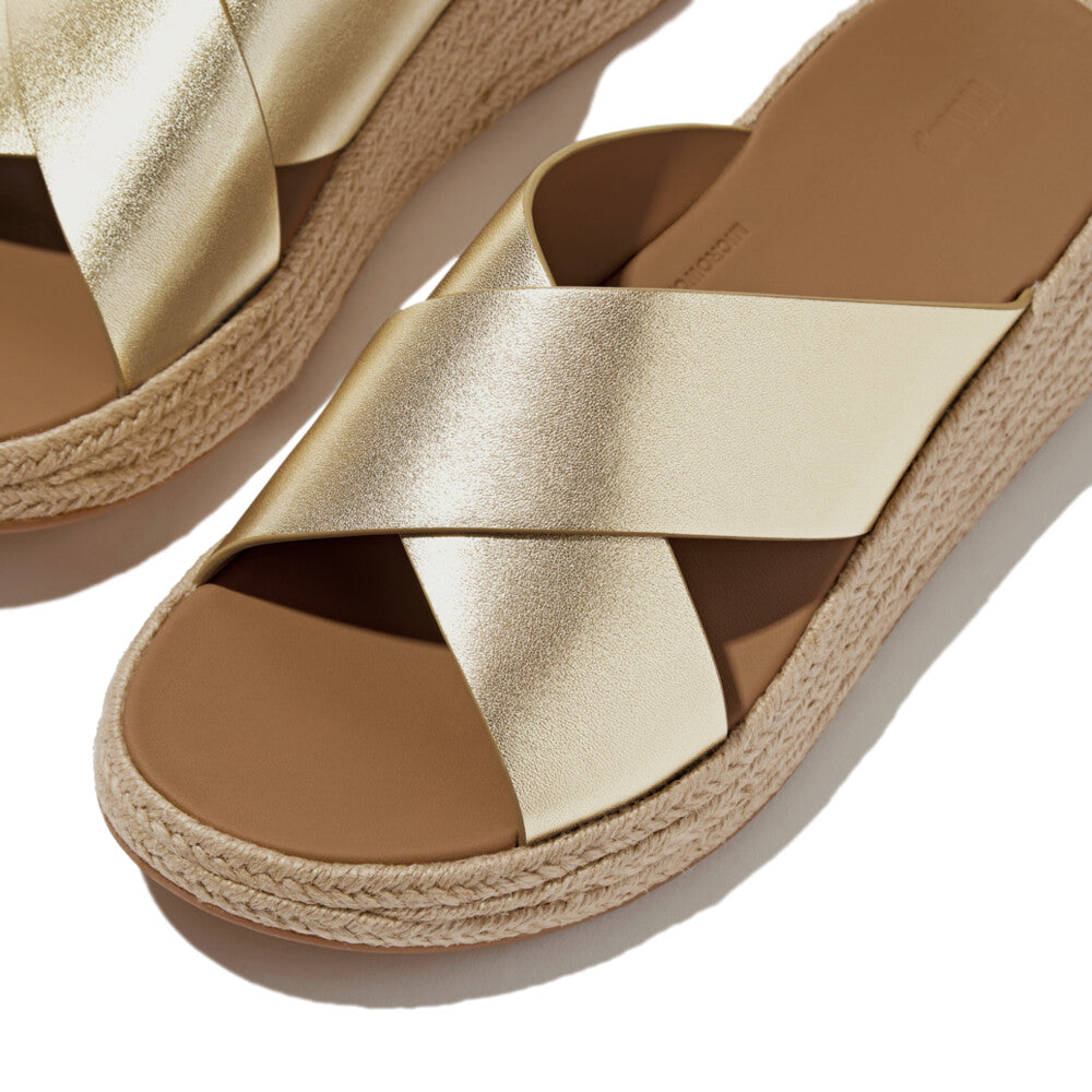 FitFlop IV5-675 F-Mode Espadrille slip-on sandals for ladies, platinum leather, platform sole, stylish and comfortable summer footwear.