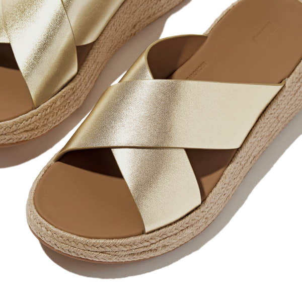 FitFlop IV5-675 F-Mode Espadrille slip-on sandals for ladies, platinum leather, platform sole, stylish and comfortable summer footwear.