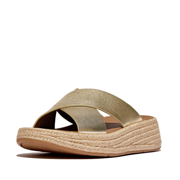 FitFlop IV5-675 F-Mode espadrille women's slip-on sandals with gold leather straps and woven platform sole.