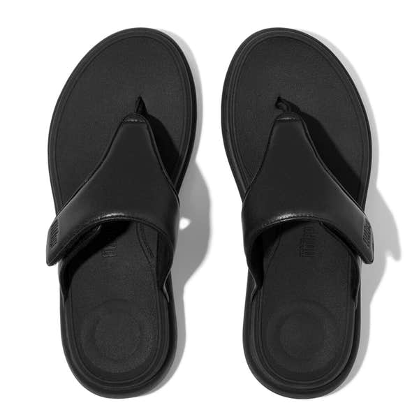 FitFlop F-Mode Go ladies black touch fastening sandals, open-toe design with adjustable straps, cushioned footbed, and rubber sole.