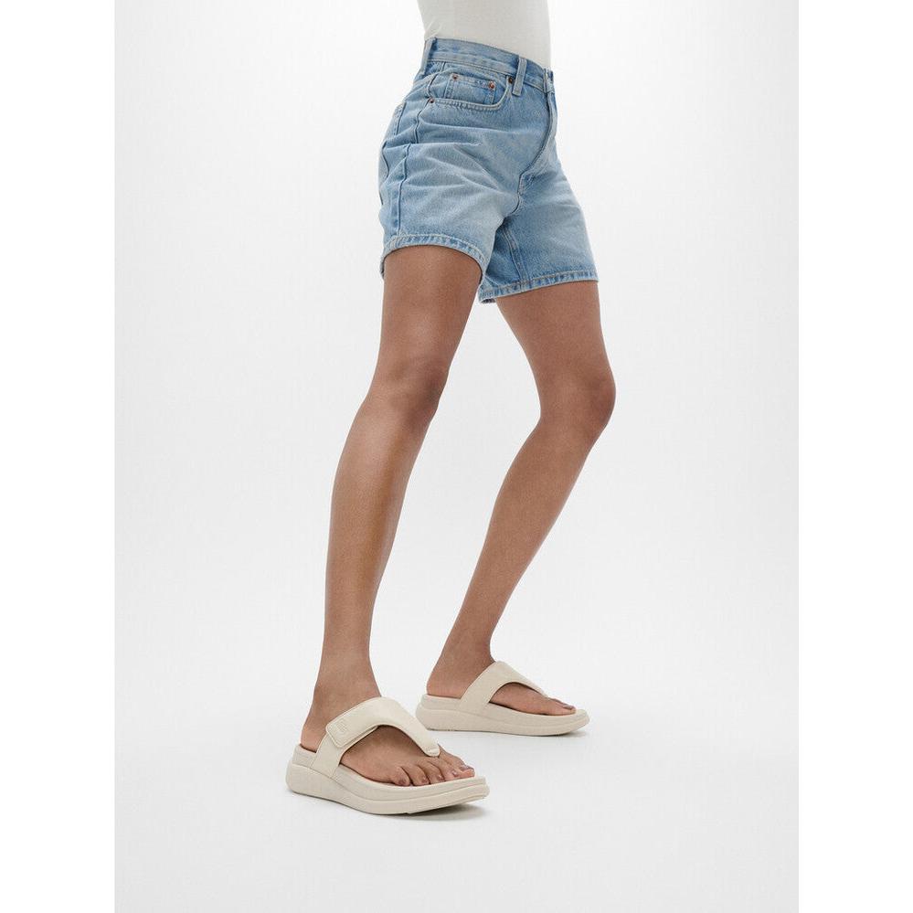 FitFlop IW1-A99 F-Mode Ladies Beige Touch Fastening Sandals on model with denim shorts, open-toe, casual slip-on design.
