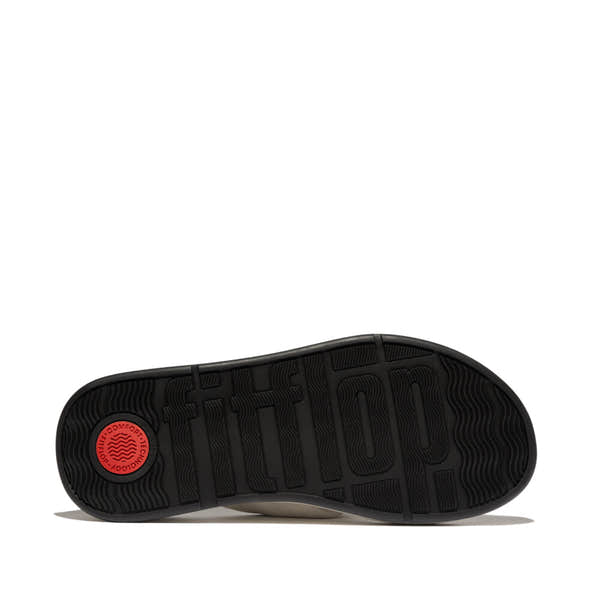 FitFlop IY1-A99 F-Mode Knot beige leather slip-on women's sandals with cushioned black sole and textured tread.