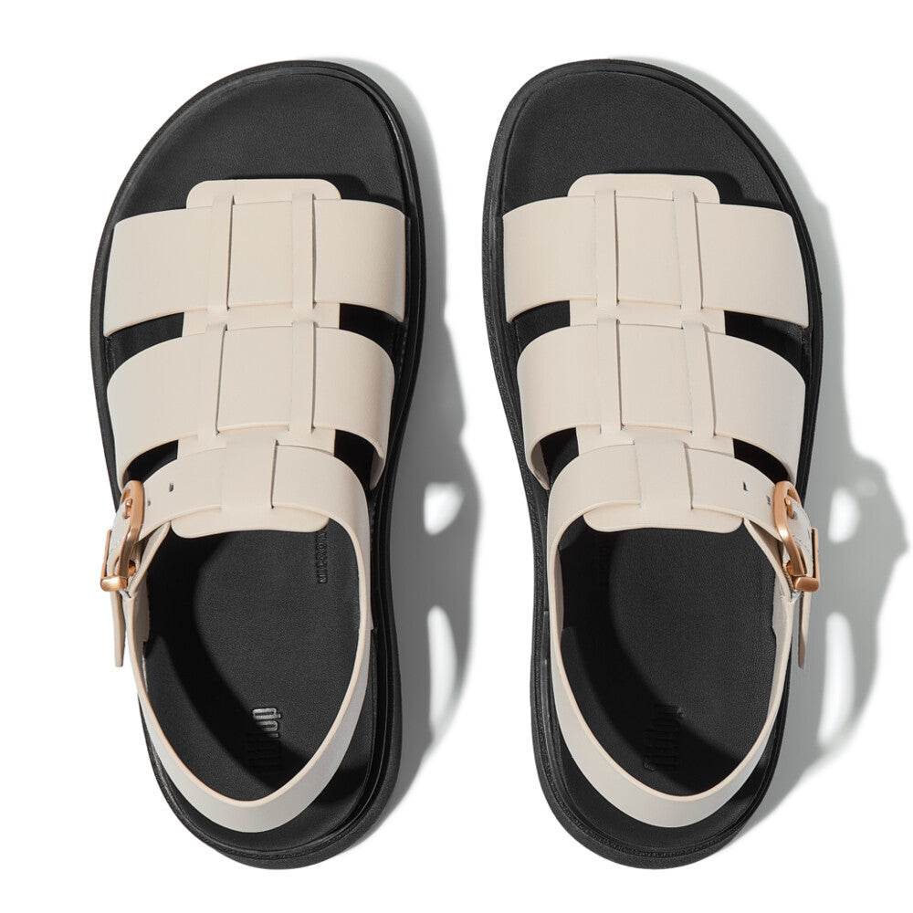 FitFlop IZ1-A99 Gen-FF women's beige leather buckle sandals with wide straps and black soles.