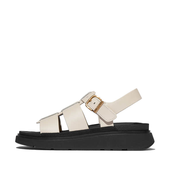 FitFlop Ladies Wide Beige Leather Buckle Sandals with cushioned black sole and adjustable strap.