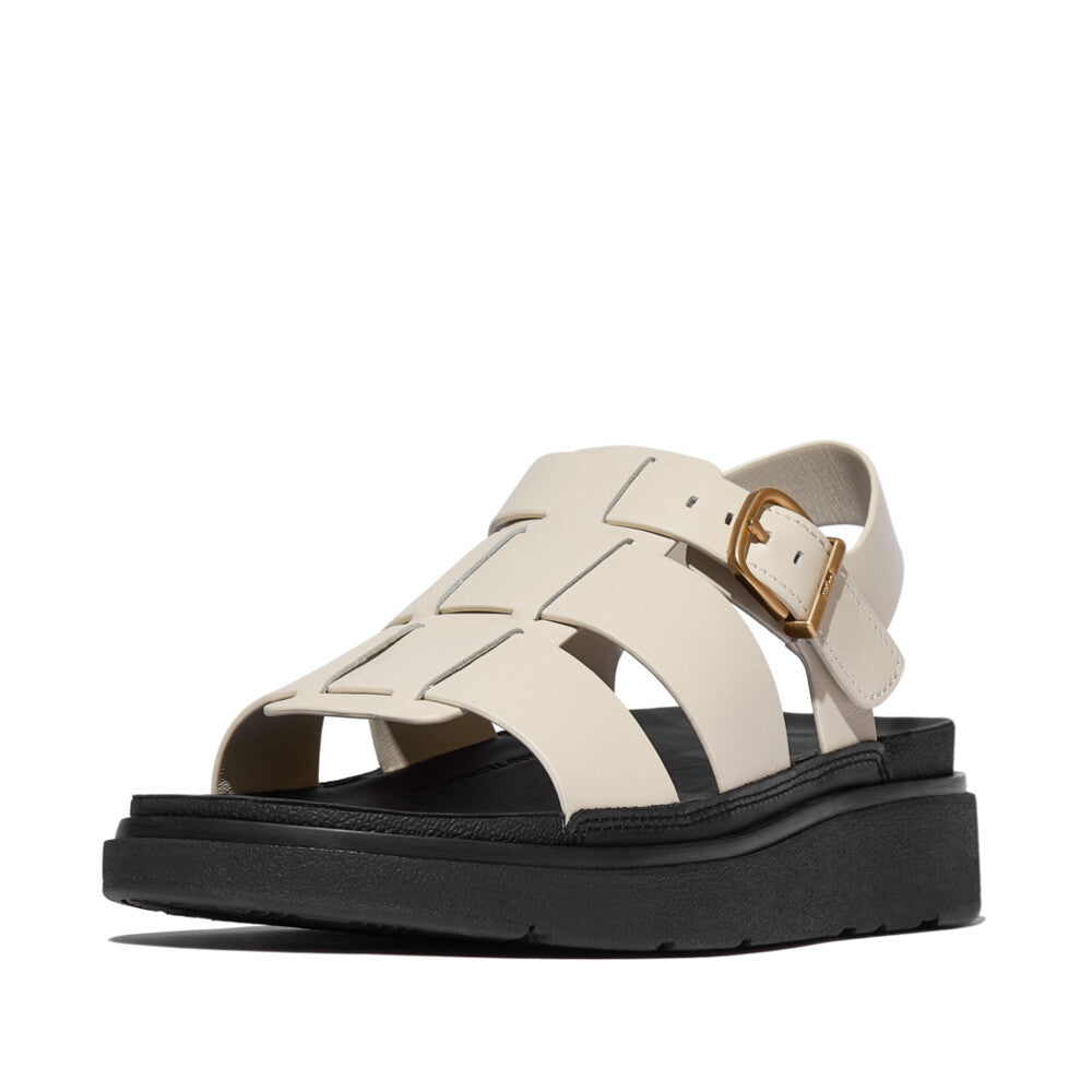 FitFlop IZ1-A99 Gen-FF women's wide beige leather buckle sandals with chunky black sole.