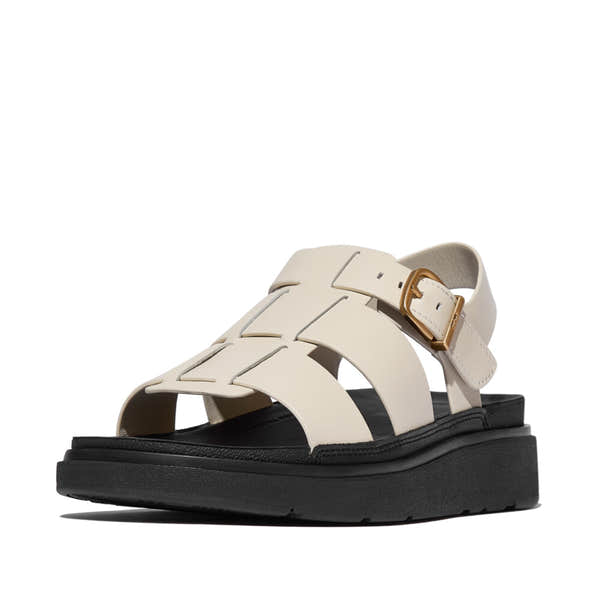 FitFlop IZ1-A99 Gen-FF women's wide beige leather buckle sandals with chunky black sole.