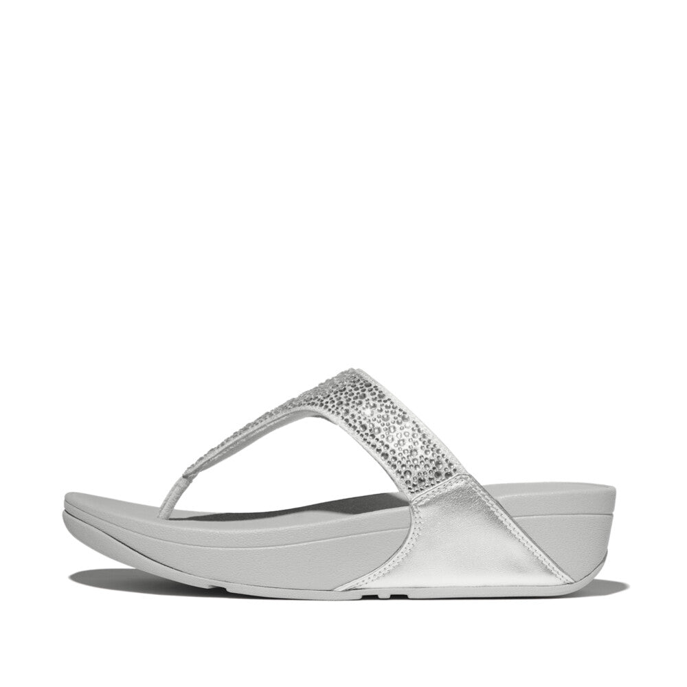 FitFlop Lulu Crystal Silver Slip-On Sandals for Women with embellished strap, cushioned sole, and wedge heel.