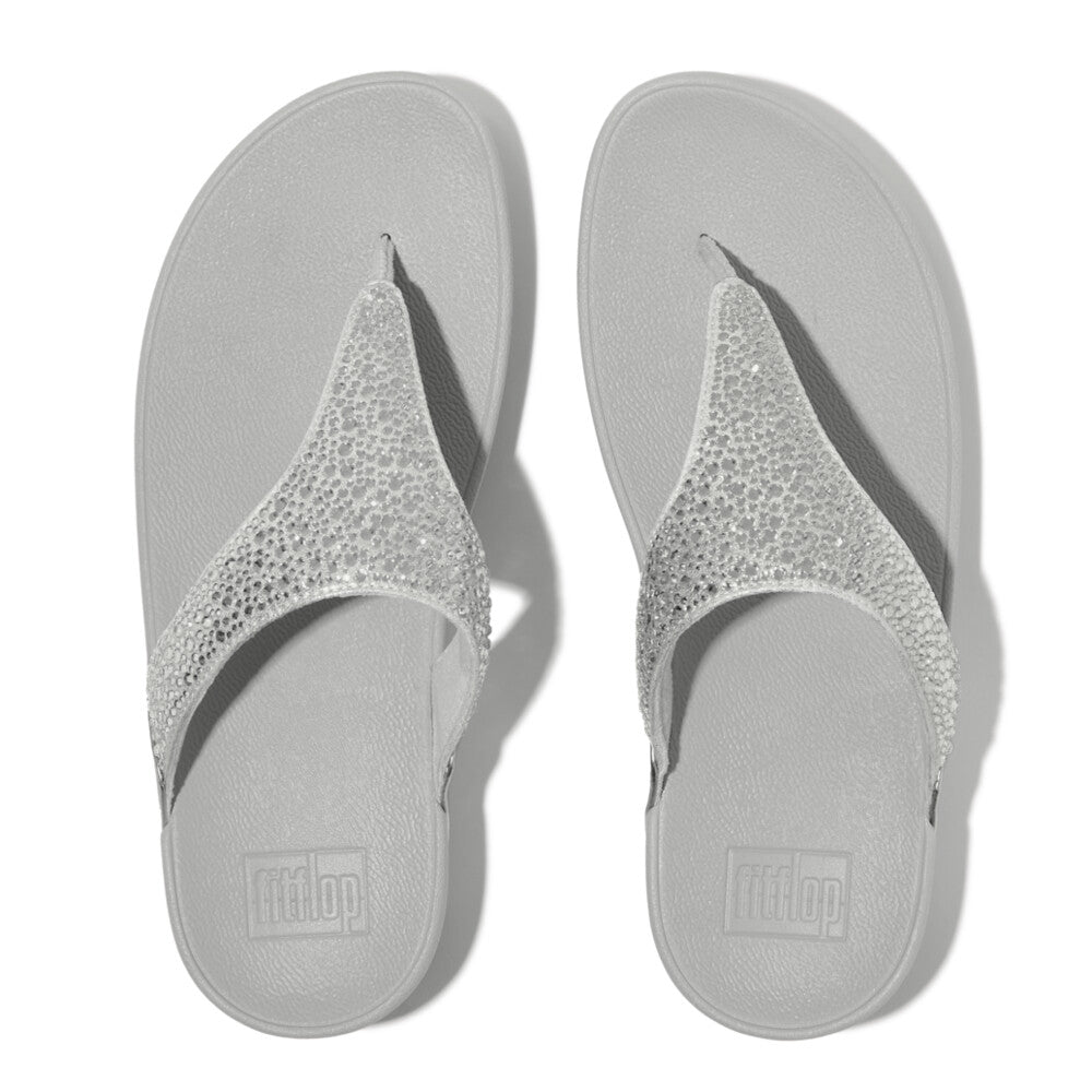 FitFlop Lulu Crystal ladies silver slip-on sandals with sparkling crystal accents, cushioned footbed, and open toe design.