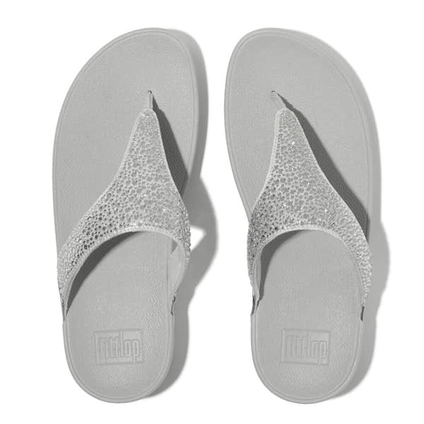 FitFlop Lulu Crystal ladies silver slip-on sandals with sparkling crystal accents, cushioned footbed, and open toe design.
