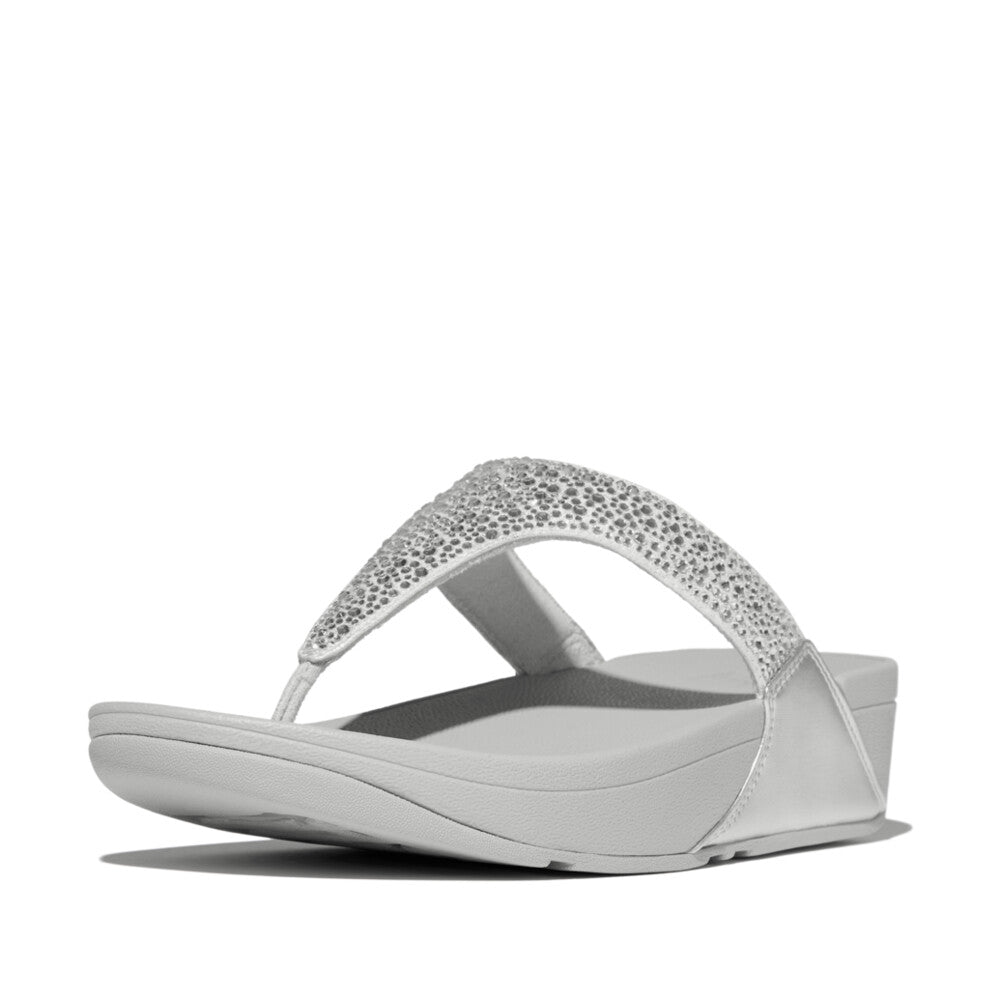 FitFlop Lulu Crystal women's silver slip-on sandals with sparkling rhinestone-embellished straps and cushioned sole.