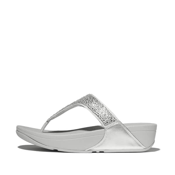 FitFlop Lulu Crystal Ladies Silver Slip-On Sandals with rhinestone-embellished straps and cushioned sole.