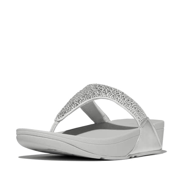 FitFlop Lulu Crystal women's silver slip-on sandals with rhinestone-embellished straps and comfortable wedge sole.