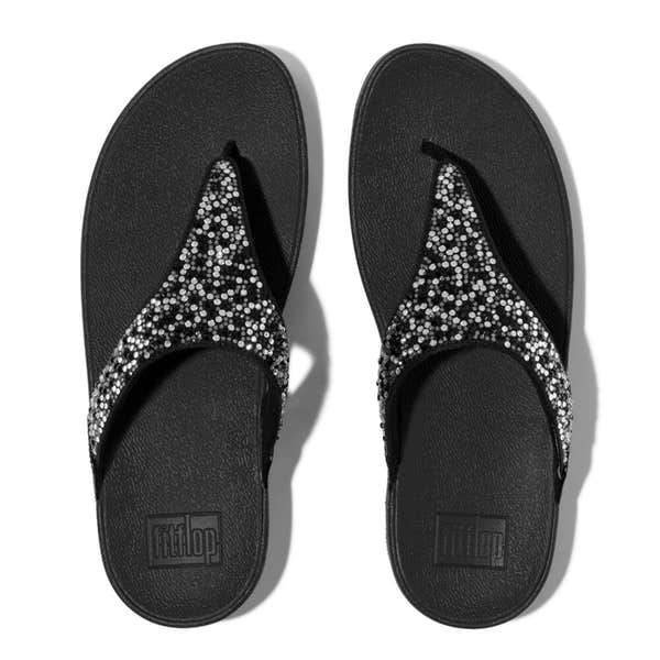 Black Slip-On Sandals with Sparkling Crystal Embellishments for Women, FitFlop Lulu JE3-090 design.