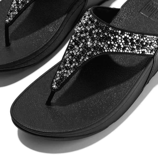 FitFlop Lulu Crystal ladies black slip-on sandals with rhinestone-embellished straps and textured footbed.