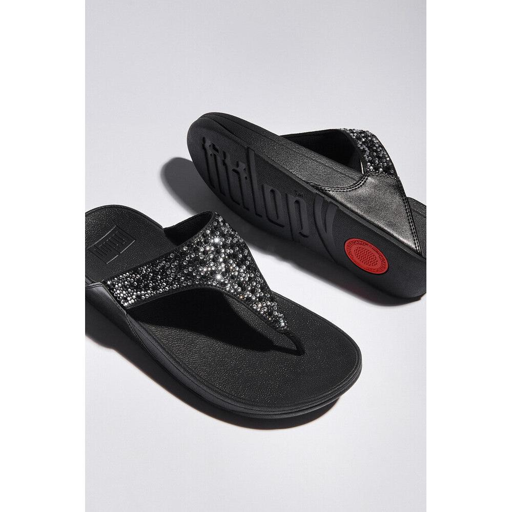 FitFlop Lulu Crystal Ladies Black Slip-On Sandals with rhinestone embellishments, cushioned sole, and slip-on design.
