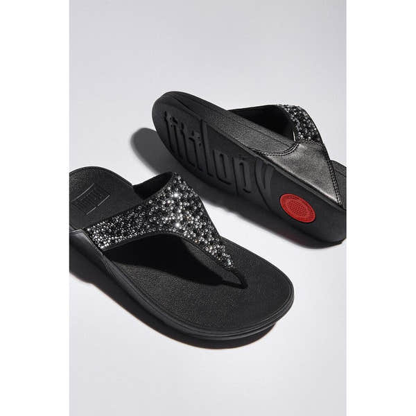 FitFlop Lulu Crystal Ladies Black Slip-On Sandals with rhinestone embellishments, cushioned sole, and slip-on design.