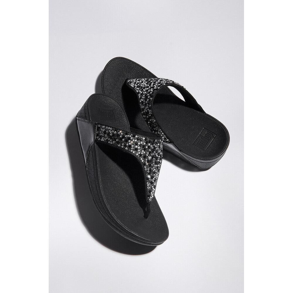 FitFlop Lulu Crystal Ladies Black Slip-On Sandals with embellished straps and cushioned soles.