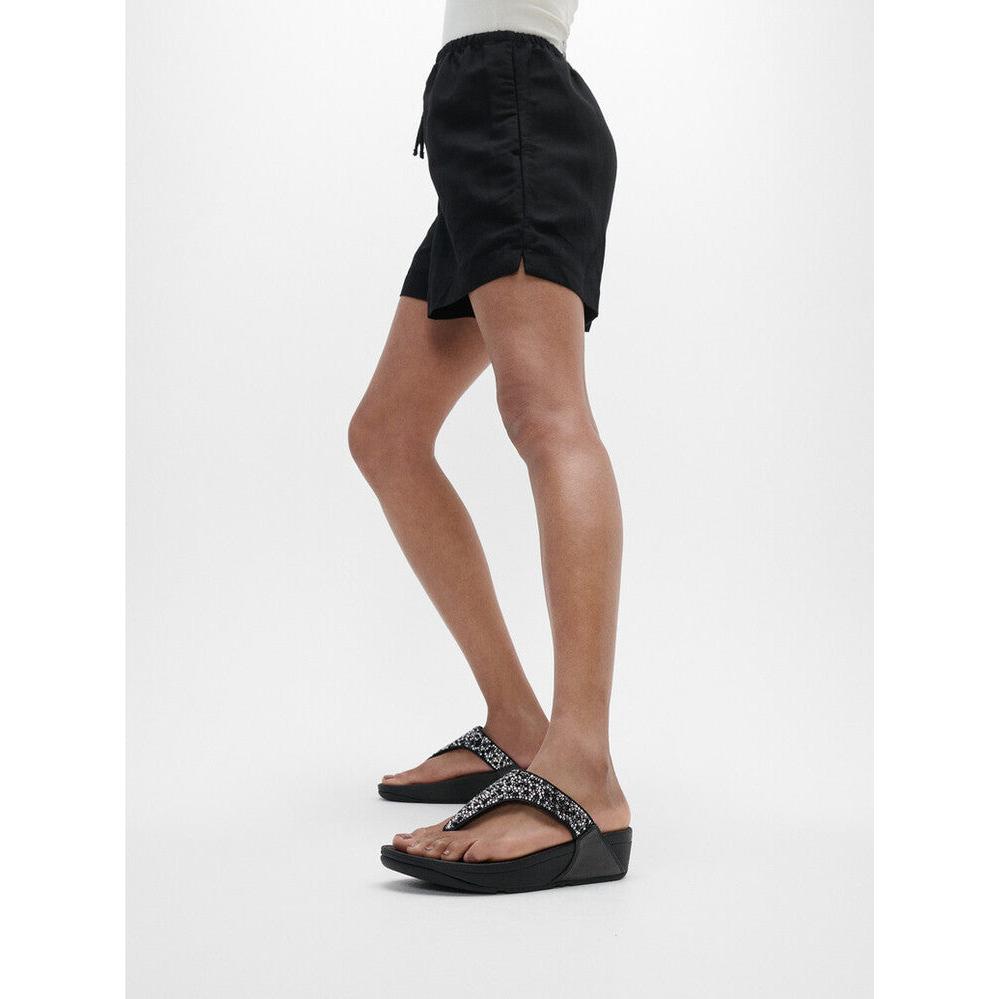FitFlop Lulu Crystal Ladies Black Slip-On Sandals with glitter straps and cushioned wedge sole.