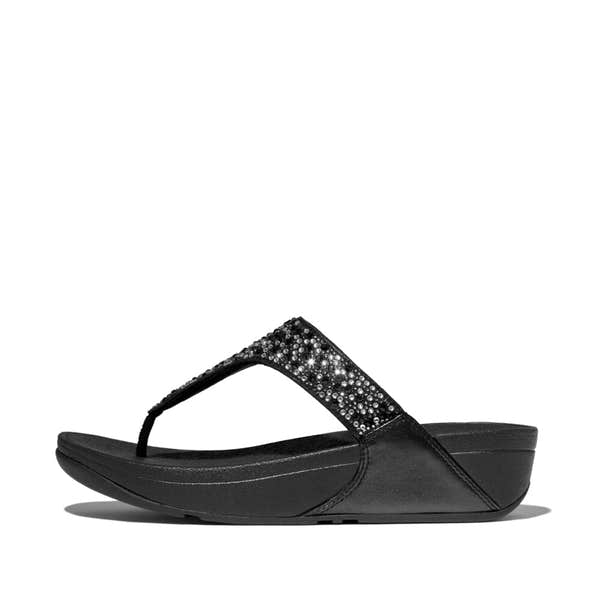 FitFlop Lulu Crystal women's black slip-on sandals with embellished strap and cushioned sole.