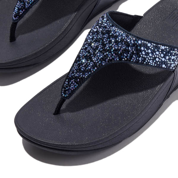 FitFlop Lulu Crystal slip-on sandals for women, midnight navy color with sparkling crystal embellishments on straps.