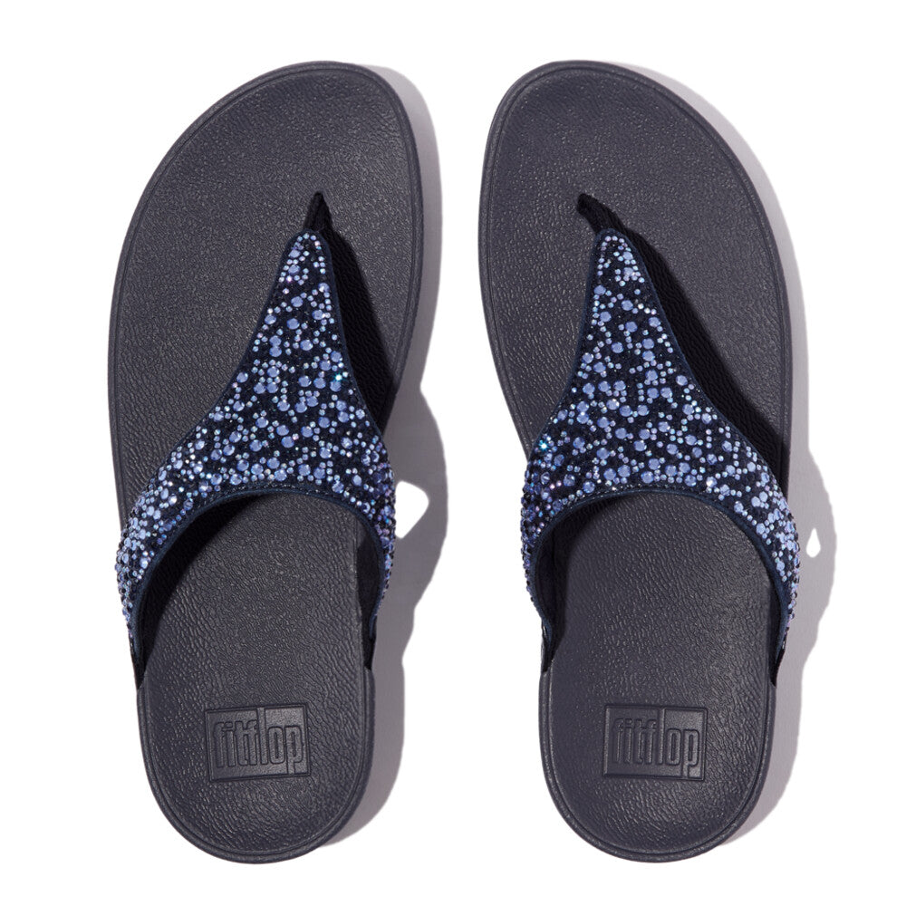 FitFlop Lulu Crystal slip-on sandals for women, midnight navy with glittering crystal accents, comfortable rubber sole.