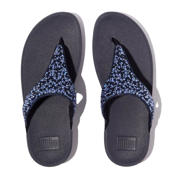 FitFlop Lulu Crystal slip-on sandals for women, midnight navy with glittering crystal accents, comfortable rubber sole.