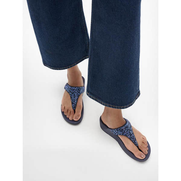 FitFlop Lulu Crystal ladies navy slip-on sandals with sparkly blue embellishments and cushioned sole.