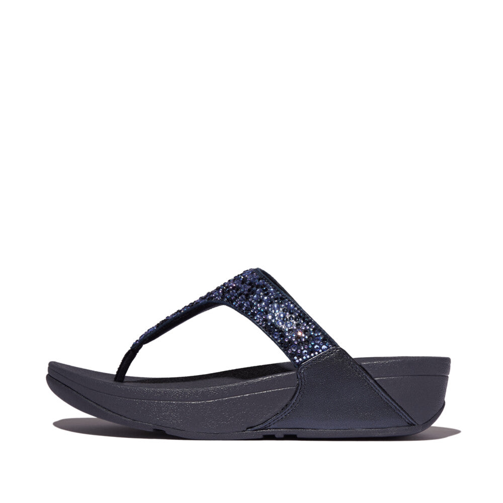 FitFlop Lulu Crystal Slip-On Sandals for Ladies, Midnight Navy with embellished strap, cushioned sole, and wedge heel.