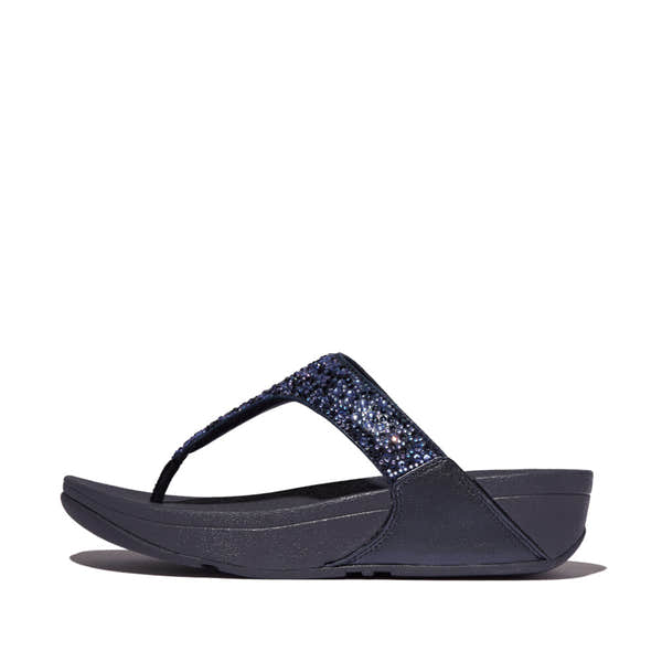 FitFlop Lulu Crystal Slip-On Sandals for Ladies, Midnight Navy with embellished strap, cushioned sole, and wedge heel.
