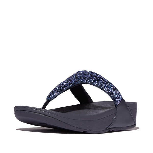 FitFlop Lulu Crystal Women's Navy Slip-On Sandals with jeweled strap and cushioned sole.