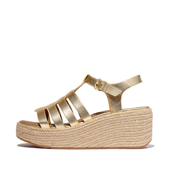 FitFlop JF5-675 platform espadrille sandals for women, platinum leather T-strap design with woven jute wedge sole.