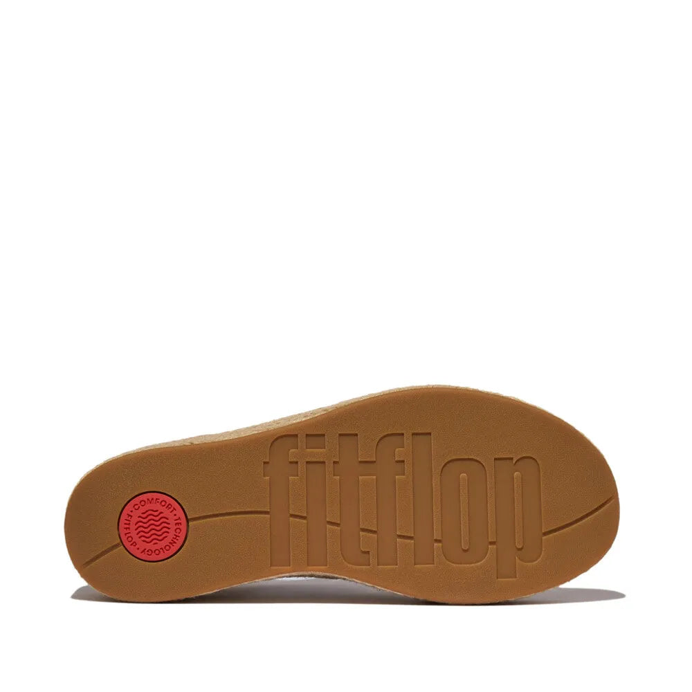FitFlop JF5-675 Platform Espadrille Women's Leather T-Bar Sandals in Platino with cushioned sole and embossed logo outsole.