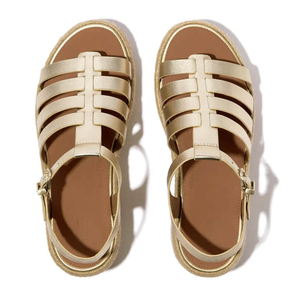 FitFlop JF5-675 platform espadrille sandals for ladies, platinum leather, T-strap design, ankle buckle, with wedge heel.