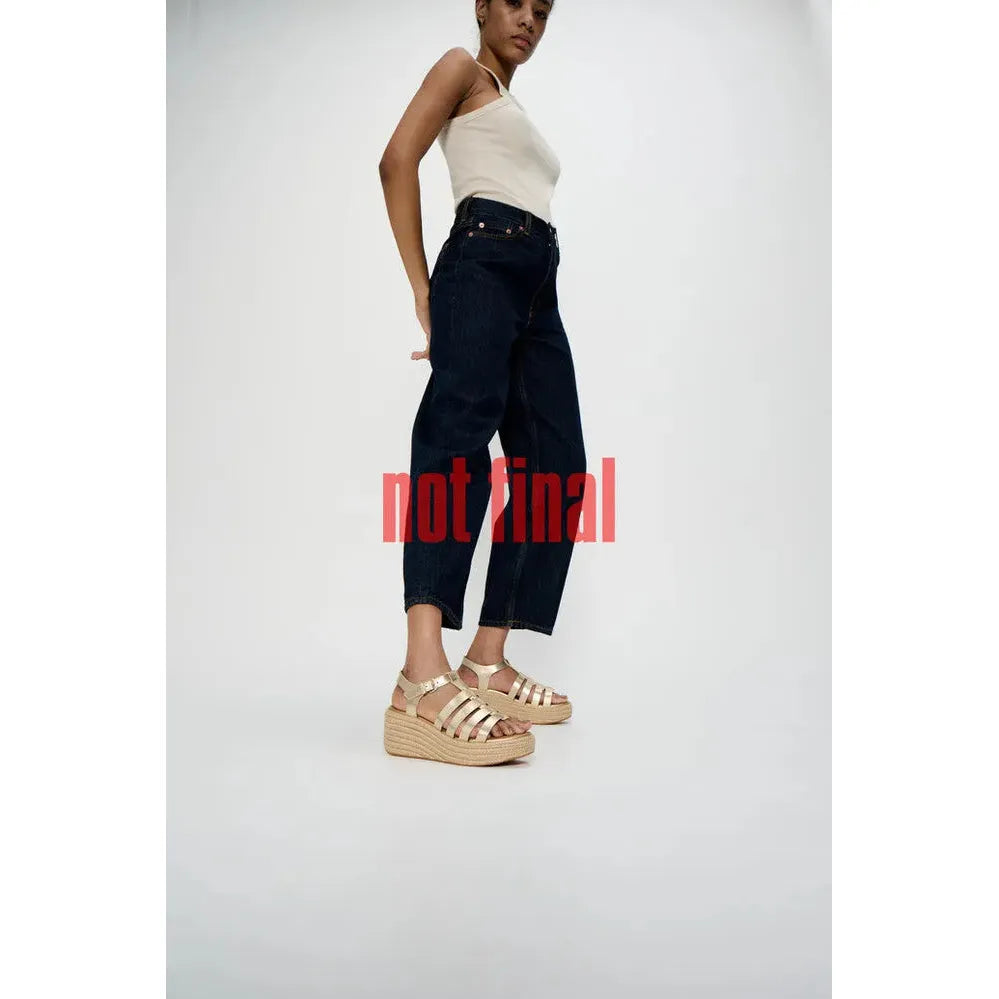 FitFlop JF5-675 platform espadrille sandals for women, platinum leather T-strap, chunky wedge heel, stylish summer footwear.