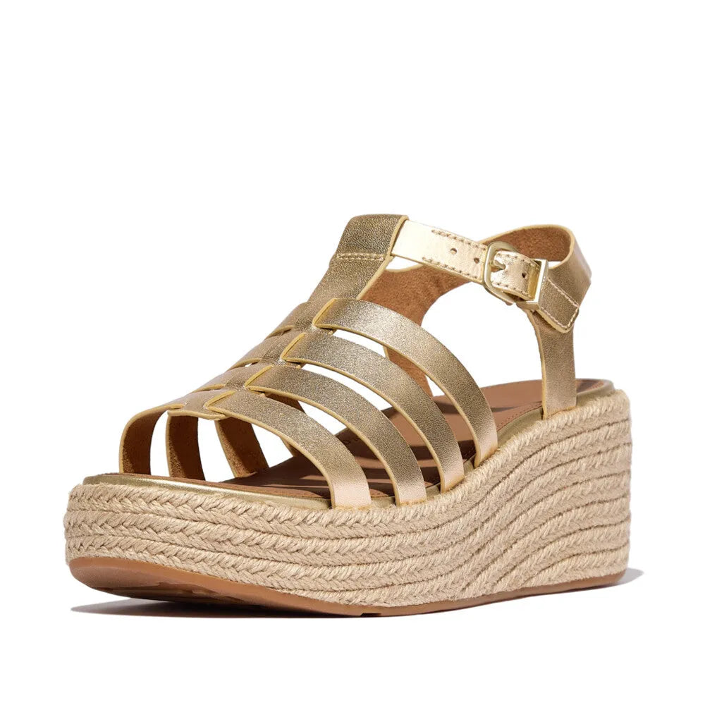 FitFlop JF5-675 platform espadrille wedge sandal for women, platinum leather T-strap design, chunky rope sole, ankle buckle strap.