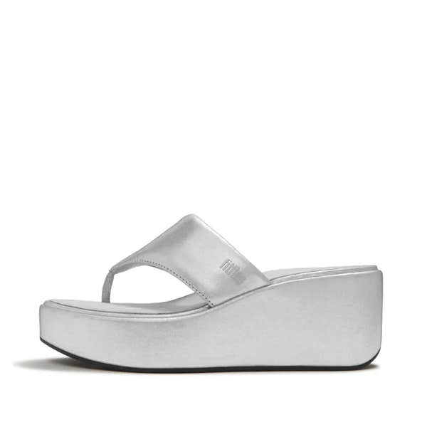 FitFlop JF8-011 platform wedge sandals for women in silver textile with T-strap design and chunky sole.