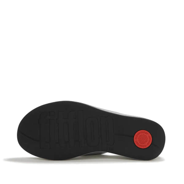 FitFlop JF8-011 platform wedge sandals for women, silver textile T-strap design, cushioned sole, slip-resistant black outsole.