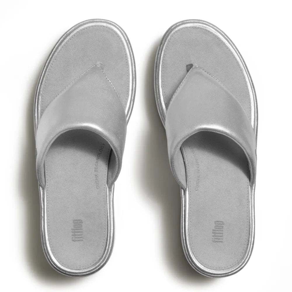 FitFlop JF8-011 platform wedge women's silver textile T-strap sandals with cushioned footbed.