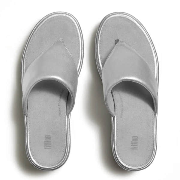 FitFlop JF8-011 platform wedge women's silver textile T-strap sandals with cushioned footbed.